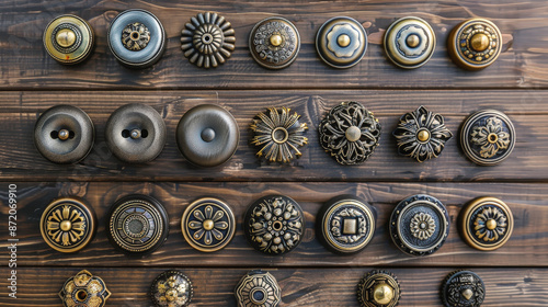 A collection of ornate vintage drawer knobs arranged in rows on a wooden surface, showcasing intricate designs and various metallic finishes.