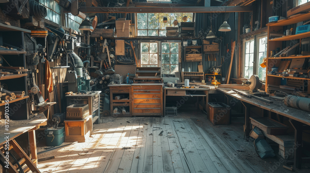 A sunlit, cluttered woodworking workshop filled with various tools, wooden shelves, and workbenches, exuding a rustic and well-used atmosphere. A sunlit, cluttered woodworking workshop filled with various tools, wooden shelves, and workbenches, exuding a rustic and well-used atmosphere.