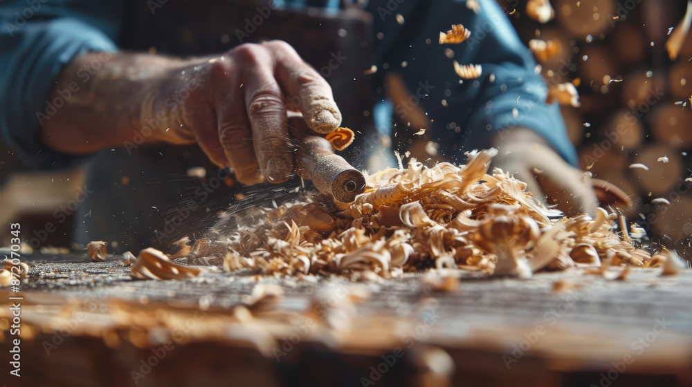 A carpenter skillfully carves wood, generating a flurry of wood shavings, capturing the artistry and precision of woodworking in a bustling workshop. A carpenter skillfully carves wood, generating a flurry of wood shavings, capturing the artistry and precision of woodworking in a bustling workshop.