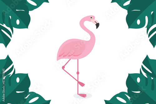 Pink flamingo vector illustration isolated on white background. Tropical summer design. Tropical leaves.