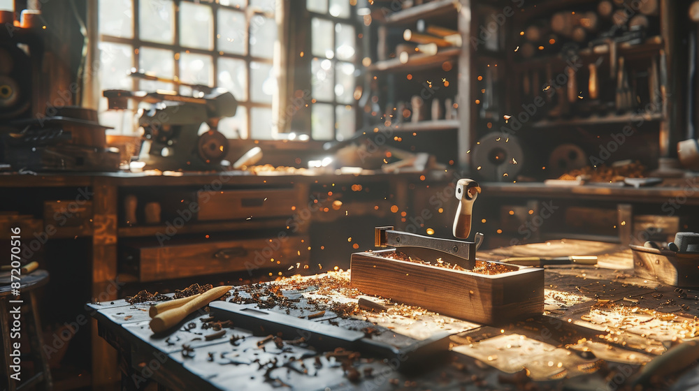 A sunlight-filled woodworking shop with tools, sawdust, and wood shavings scattered around, capturing the craftsmanship and artistry in progress. A sunlight-filled woodworking shop with tools, sawdust, and wood shavings scattered around, capturing the craftsmanship and artistry in progress.