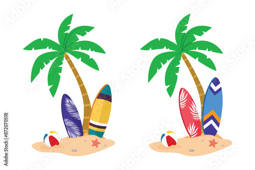 Surfboard vector set in tropical design. Surfboard or surfboard clip art for Hello summer concept. Summer elements. Cartoon flat vector isolated on white background.