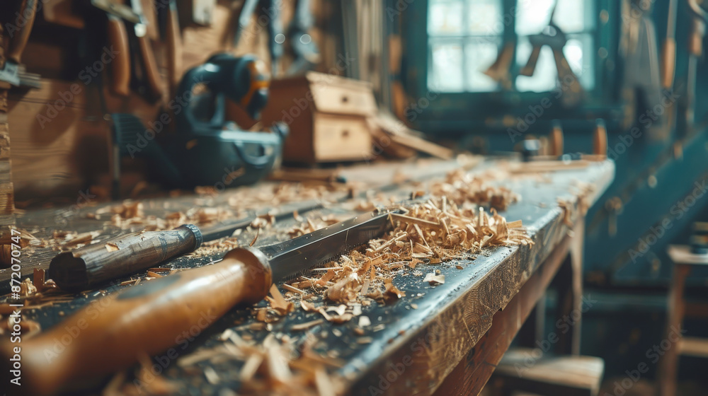 A cluttered workbench in a woodworking shop, covered in shavings, with chisels and tools scattered, evoking a sense of craftsmanship and creativity. A cluttered workbench in a woodworking shop, covered in shavings, with chisels and tools scattered, evoking a sense of craftsmanship and creativity.