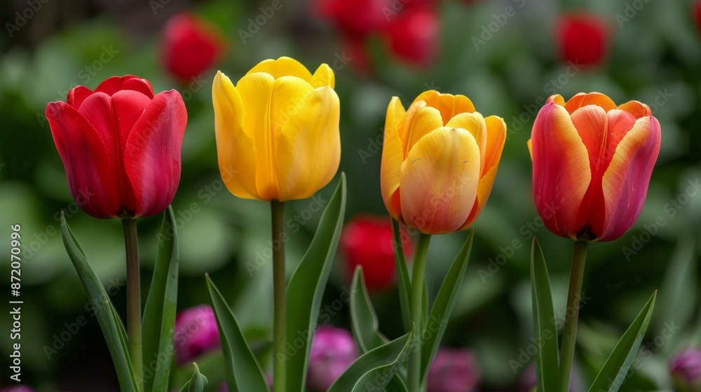 Fototapeta premium Vibrant Tulips in a Garden, Three Colors Displayed