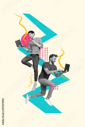 Trend artwork sketch image photo collage of business worker remote workspace coworking team two young man hold laptop jump type write