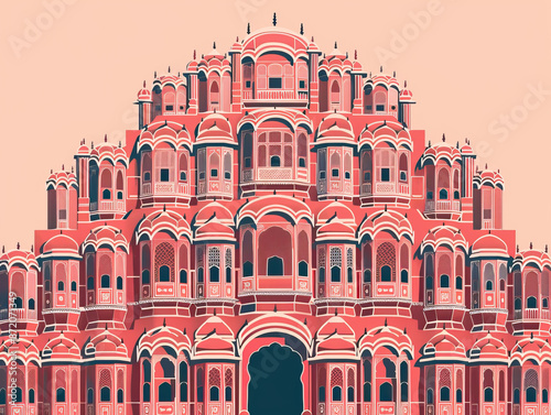 Risograph riso print travel poster, card, wallpaper banner illustration, modern, clear, simple of Hawa Mahal, Jaipur, India. Artistic, landmark printing, stencil backdrop background