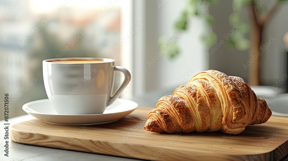 Sunlit breakfast scene with a cup of coffee and a croissant on a white table, creating a cozy morning ambiance.. Sunlit breakfast scene with a cup of coffee and a croissant on a white table, creating a cozy morning ambiance..