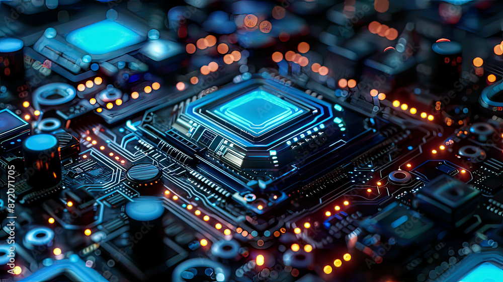 Futuristic quantum processor holographic patterns soft blue illumination Futuristic quantum processor holographic patterns soft blue illumination