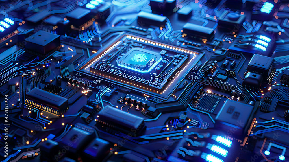 Futuristic quantum processor holographic effects soft blue illumination Futuristic quantum processor holographic effects soft blue illumination