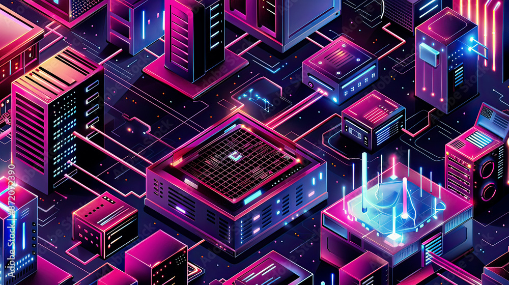 Isometric infographic design presenting technology for quantum computer incorporating blockchain server concept server room database and information storage demonstrating a creative isometric concept Isometric infographic design presenting technology for quantum computer incorporating blockchain server concept server room database and information storage demonstrating a creative isometric concept