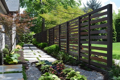Contemporary metal fence featuring louvers and slats