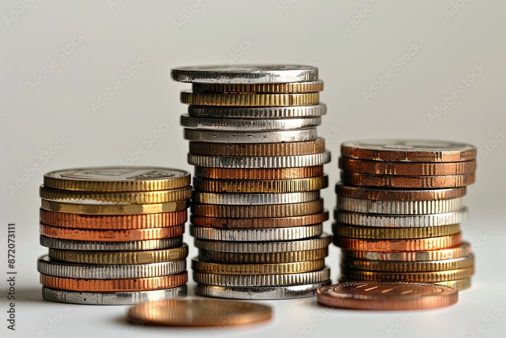 Close-up view of multiple stacks of different coins arranged on a reflective table, symbolizing savings, finance, and wealth.. Close-up view of multiple stacks of different coins arranged on a reflective table, symbolizing savings, finance, and wealth..