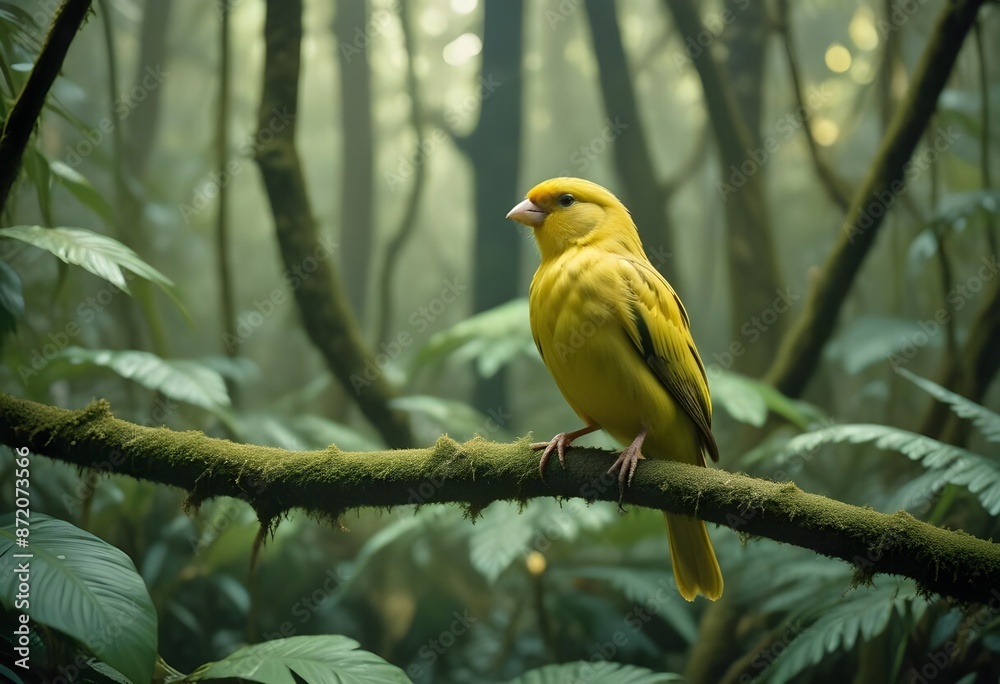 Naklejka premium canary, its feathers a brilliant shade of yellow, sitting atop a branch in the heart of a dense, flourishing tropical rainforest, the sounds of nature all around it.,