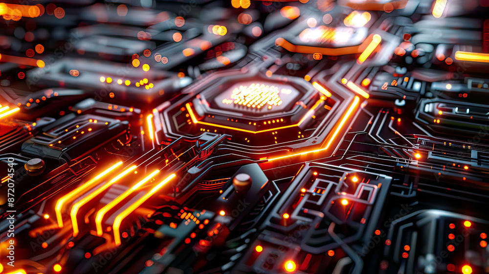 Fototapeta premium Quantum circuits with holographic display glowing patterns intricate design high resolution