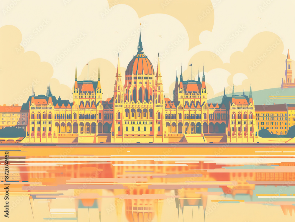 Naklejka premium Risograph riso print travel poster, card, wallpaper banner illustration, modern, clear, simple of Hungarian Parliament Building, Budapest, Hungary. Artistic, landmark printing, stencil backdrop backgr