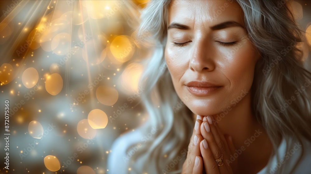 A woman praying with her eyes closed. A woman praying with her eyes closed.
