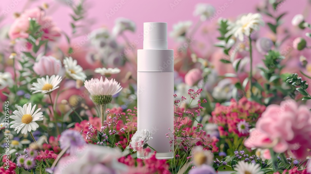 A bottle of lotion sitting in a field of flowers A bottle of lotion sitting in a field of flowers