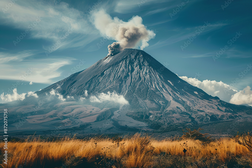 Fototapeta premium Generative ai on theme of erupting volcano with cascading hot lava surrounded thick white smoke