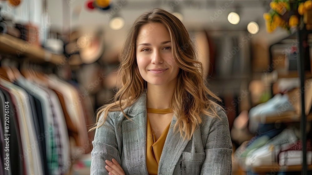 Smiling young woman with casual fashion style, standing confidently with arms crossed in a vibrant indoor setting.. Smiling young woman with casual fashion style, standing confidently with arms crossed in a vibrant indoor setting..