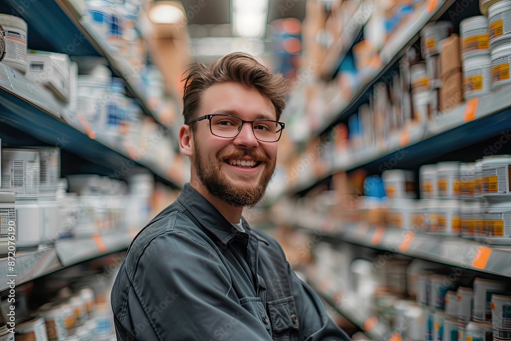 Naklejka premium Smiling male employee in a hardware store aisle, surrounded by shelves of products, showcasing customer service and retail environment..