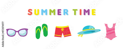 Summer and beach clip art set with cute illustrations. Flat design Illustration for ads, web, flyers, and banners. Set of cartoon icons.