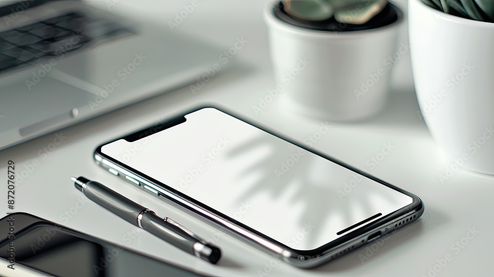 A smartphone lying on a white desk next to potted plants, emphasizing a clean and modern workspace setup.. A smartphone lying on a white desk next to potted plants, emphasizing a clean and modern workspace setup..