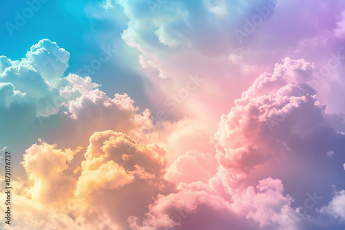 Generative ai on theme of beautiful tranquil landscape with magical bright rainbow at cloudy sky