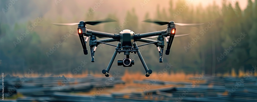 A drone equipped with a camera flying over a body of water, capturing aerial footage with a scenic backdrop of buildings and trees.. A drone equipped with a camera flying over a body of water, capturing aerial footage with a scenic backdrop of buildings and trees..