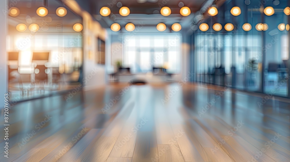 A blurred view of a modern office interior featuring warm hanging lights, large windows, and wooden flooring..