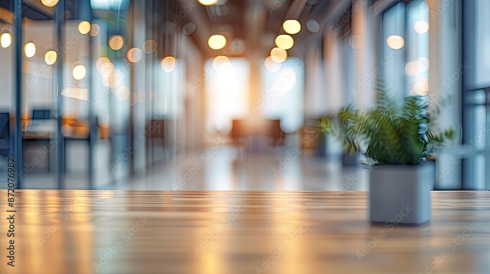 A blurred view of a modern office interior featuring warm hanging lights, large windows, and wooden flooring.. A blurred view of a modern office interior featuring warm hanging lights, large windows, and wooden flooring..