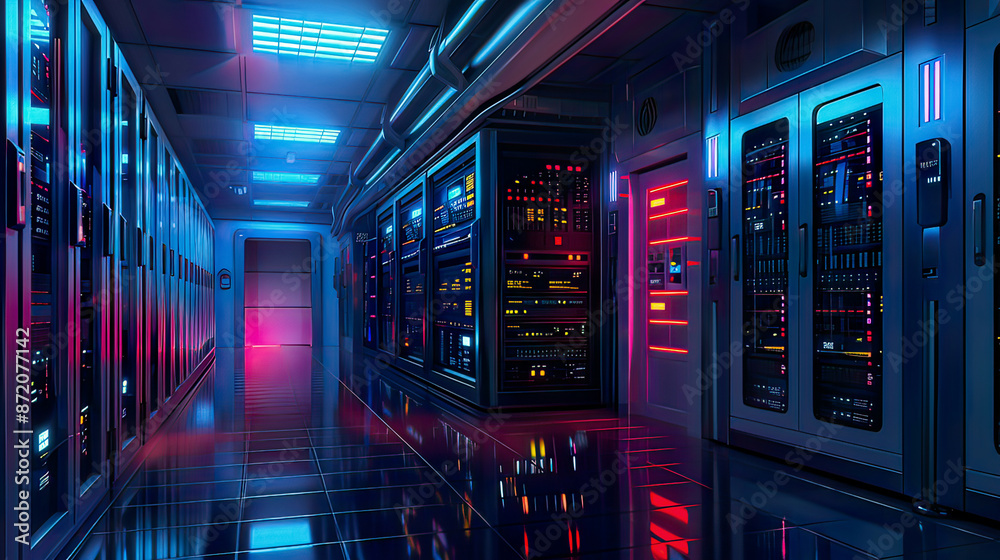 Server room with cloud data server panels security scanner data center advanced technology glowing elements modern tech setup Server room with cloud data server panels security scanner data center advanced technology glowing elements modern tech setup