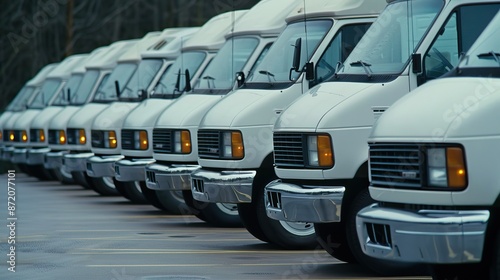 A row of white delivery vans are parked in a lot under a bright blue sky with white clouds