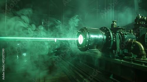 Captivating Steampunk Laser Beams in a Dark Industrial Setting photo