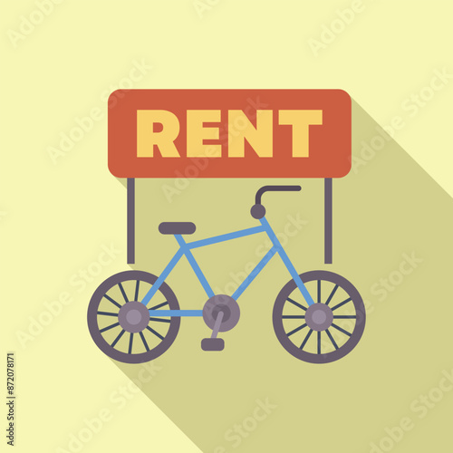 Blue city bike parked under rent sign, advertising bicycle sharing service for urban commute