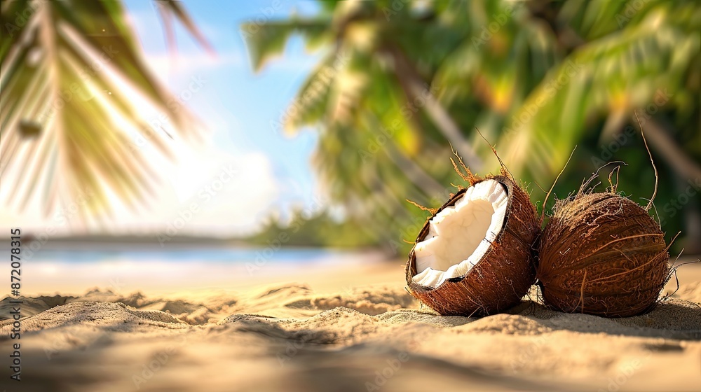 Fototapeta premium Halved and whole coconuts resting on sandy beach with palm fronds and a serene ocean backdrop, epitomizing tropical freshness..