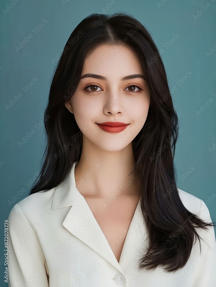 A woman in white shirt and red lipstick. A woman in white shirt and red lipstick.