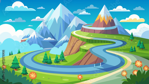 Illustration of a curvy highway on a green hill with flowers, glaciers on rocky peaks, and clouds in the blue sky