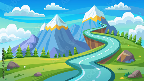 Illustration of a curvy highway on a green hill with flowers, glaciers on rocky peaks, and clouds in the blue sky