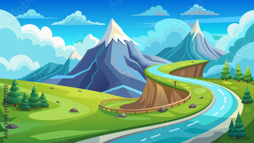 Illustration of a curvy highway on a green hill with flowers, glaciers on rocky peaks, and clouds in the blue sky