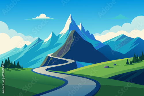 Illustration of a curvy highway on a green hill with flowers, glaciers on rocky peaks, and clouds in the blue sky