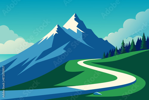 Illustration of a curvy highway on a green hill with flowers, glaciers on rocky peaks, and clouds in the blue sky