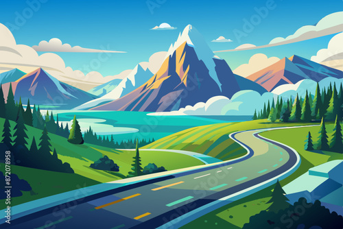 Illustration of a curvy highway on a green hill with flowers, glaciers on rocky peaks, and clouds in the blue sky