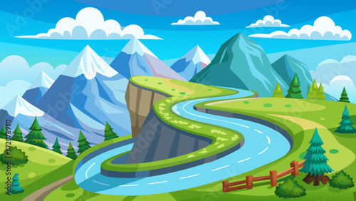 Illustration of a curvy highway on a green hill with flowers, glaciers on rocky peaks, and clouds in the blue sky
