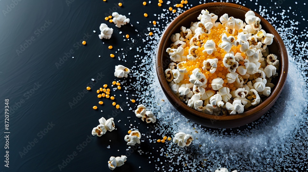 Gourmet Popcorn Perfection: Artistic Arrangement of Premium Kernels and Sea Salt Flakes on Dark Background Gourmet Popcorn Perfection: Artistic Arrangement of Premium Kernels and Sea Salt Flakes on Dark Background