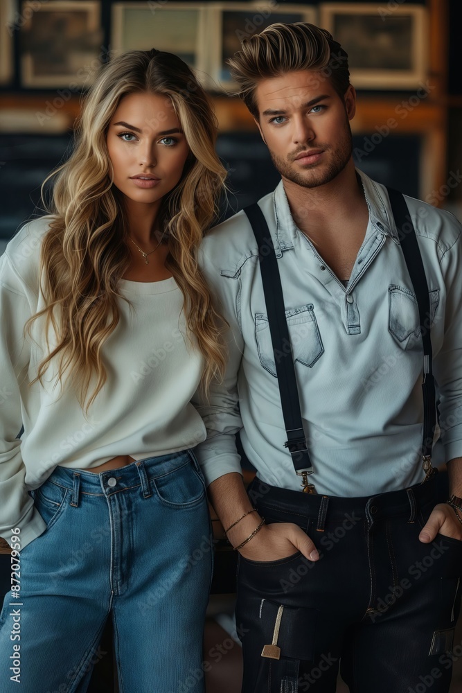 Obraz premium A young couple in jeans and suspenders.