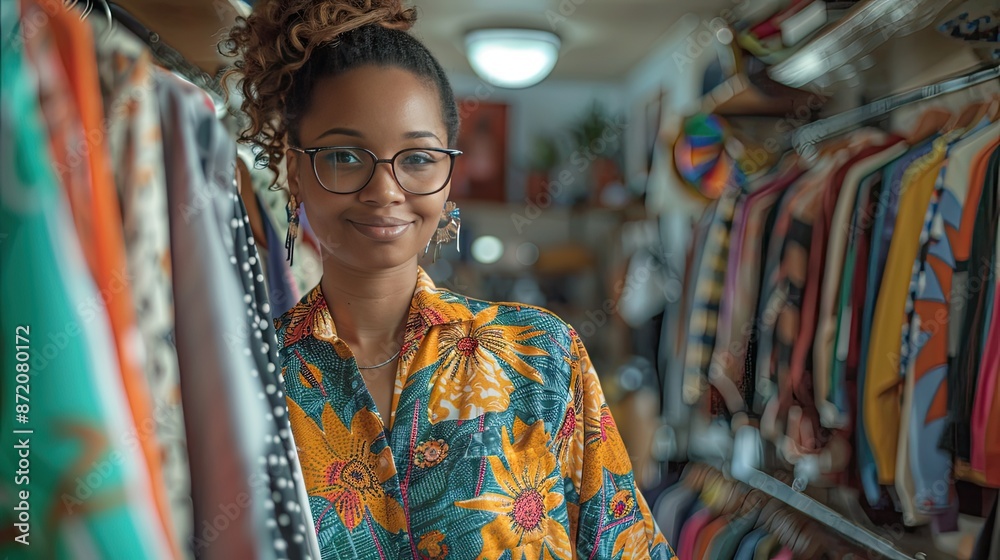 Young woman with curly hair smiling while browsing clothes in a colorful clothing store, surrounded by various garments.. Young woman with curly hair smiling while browsing clothes in a colorful clothing store, surrounded by various garments..