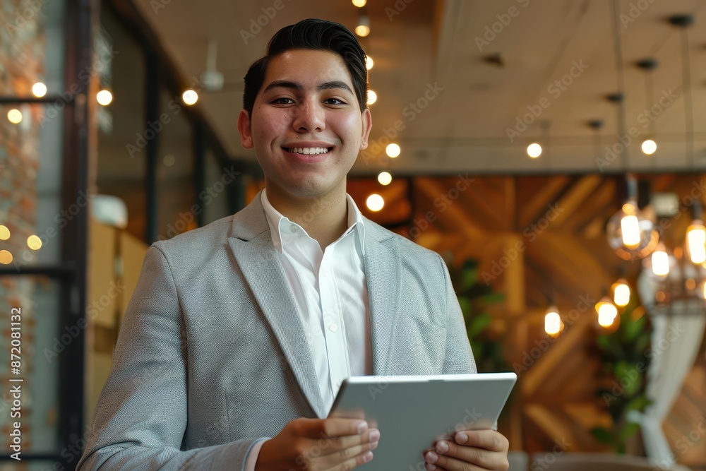 charismatic young latino businessman confidently presenting ideas on tablet in modern office setting warm lighting highlights his enthusiastic expression and professional attire