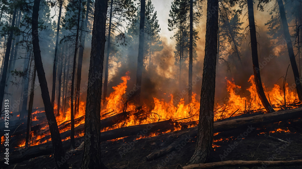 Intense wildfire raging through dense forest with towering flames and billowing smoke under darkened sky.