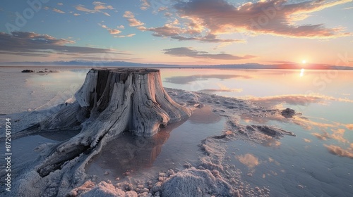 A large tree stump rests atop a sandy beach, offering a mesmerizing sight of natures unusual salt-laden creation by the coast of a serene salt lake photo