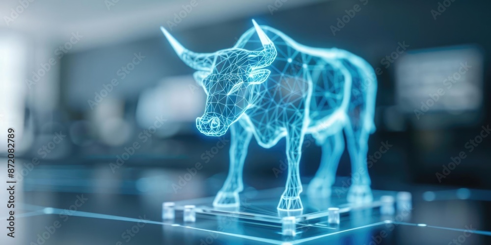 Obraz premium A futuristic holographic bull representing financial growth and strength in a modern digital environment.
